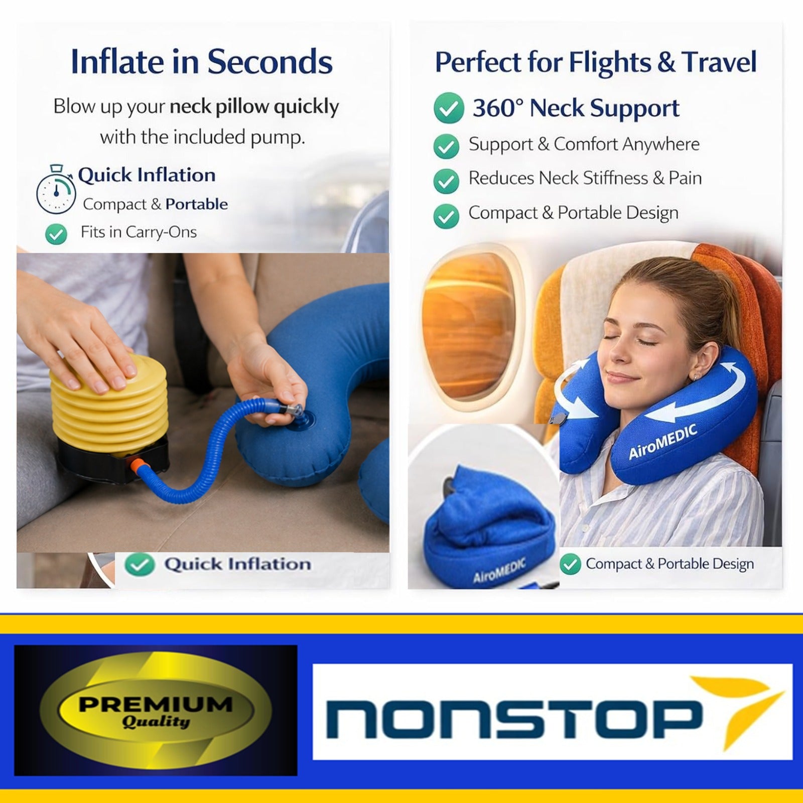 Air Filled Neck Pillow for Travelling Airplane Travel Pillow Comfortable Head Rest Neck Holder Pillow (Blue)